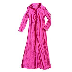 Lalavon Bright Pink Button-Down Shirt Dress Maxi Length Bold Size Large Women's